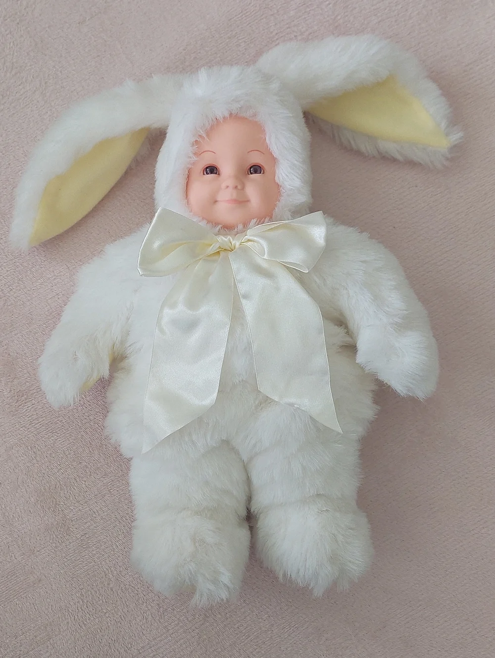 ANNE GEDDES Plush White Bunny Baby Doll with Satin Bow NWOT